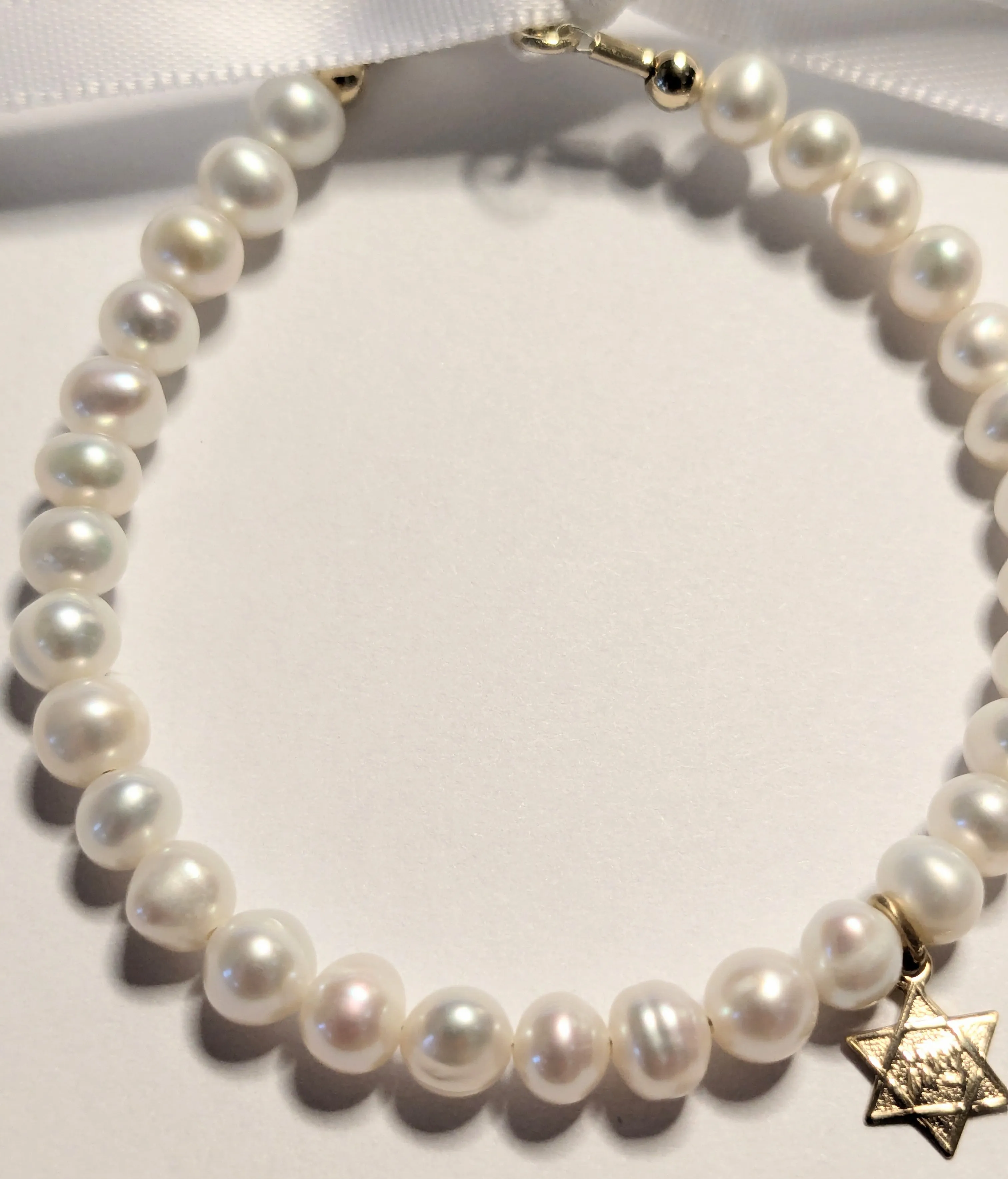 14 KT Children's Pearl Naming Star of David Bracelet (5.75 IN)