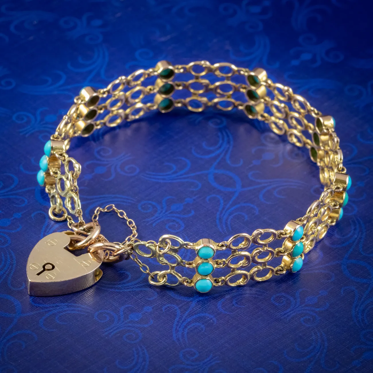 Antique Victorian Turquoise Padlock Gate Bracelet 9ct Gold Circa 1900