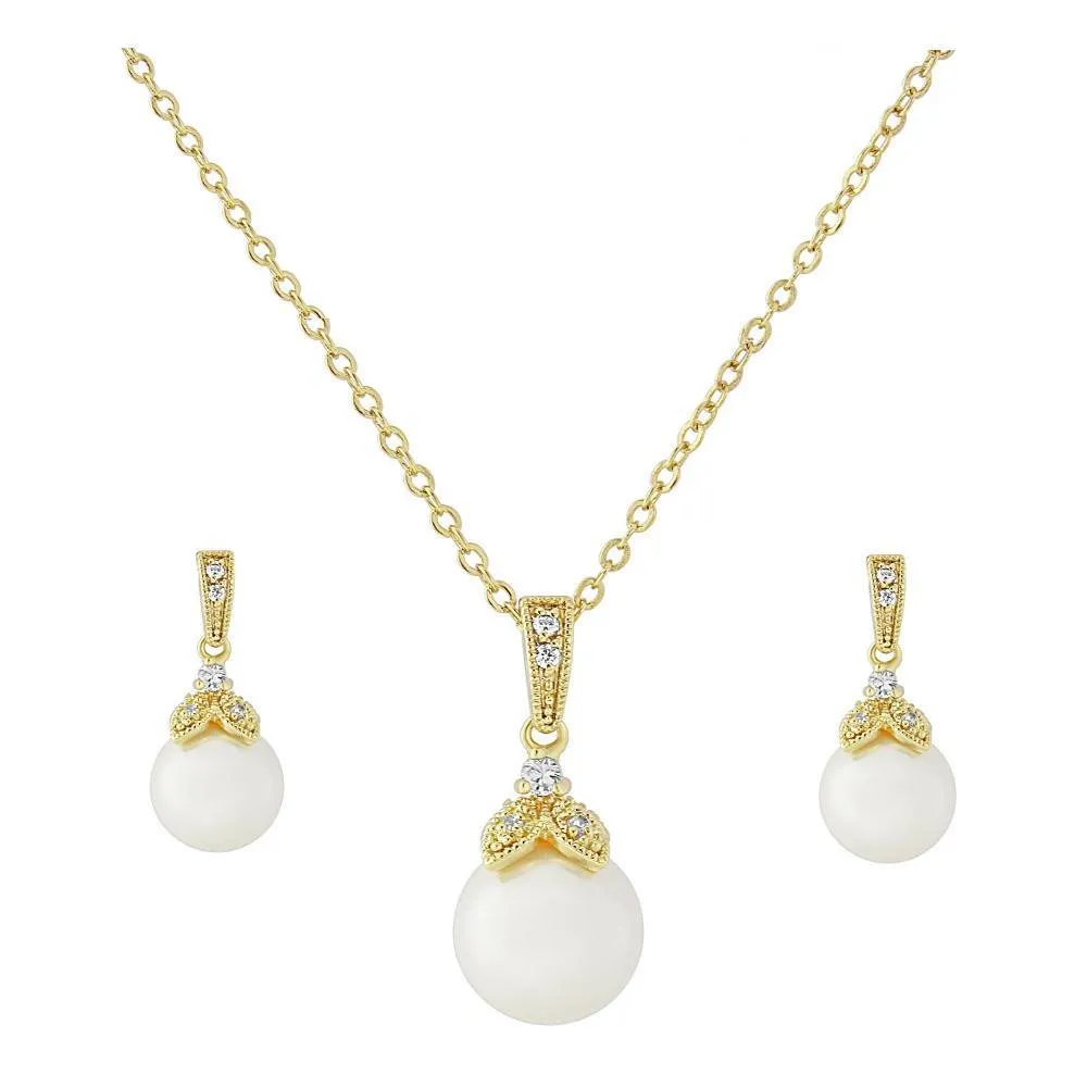 Ariel Wedding Jewellery Set, Gold Crystal Pearl Drop Pendant & Earrings