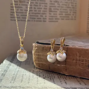 Ariel Wedding Jewellery Set, Gold Crystal Pearl Drop Pendant & Earrings