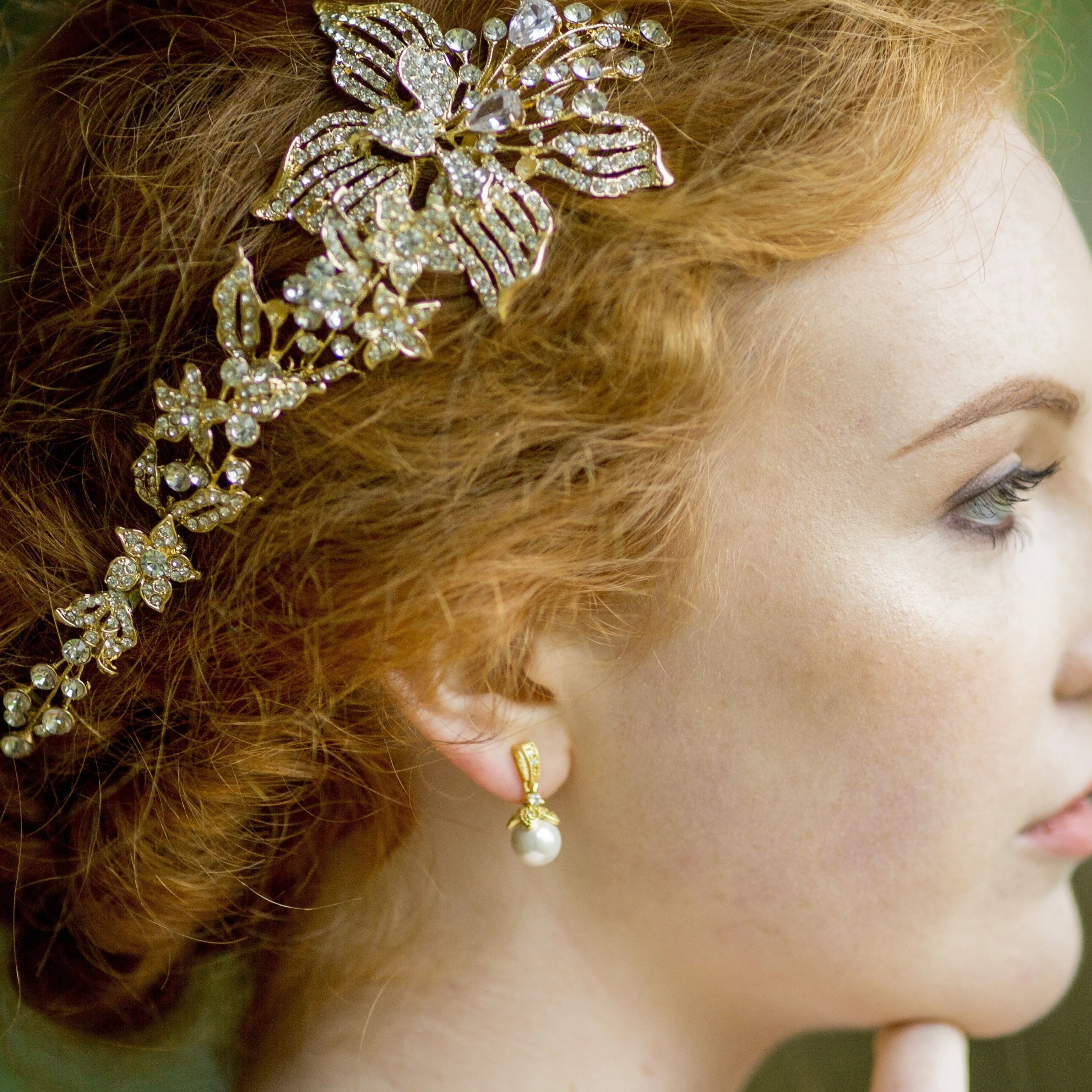 Ariel Wedding Jewellery Set, Gold Crystal Pearl Drop Pendant & Earrings