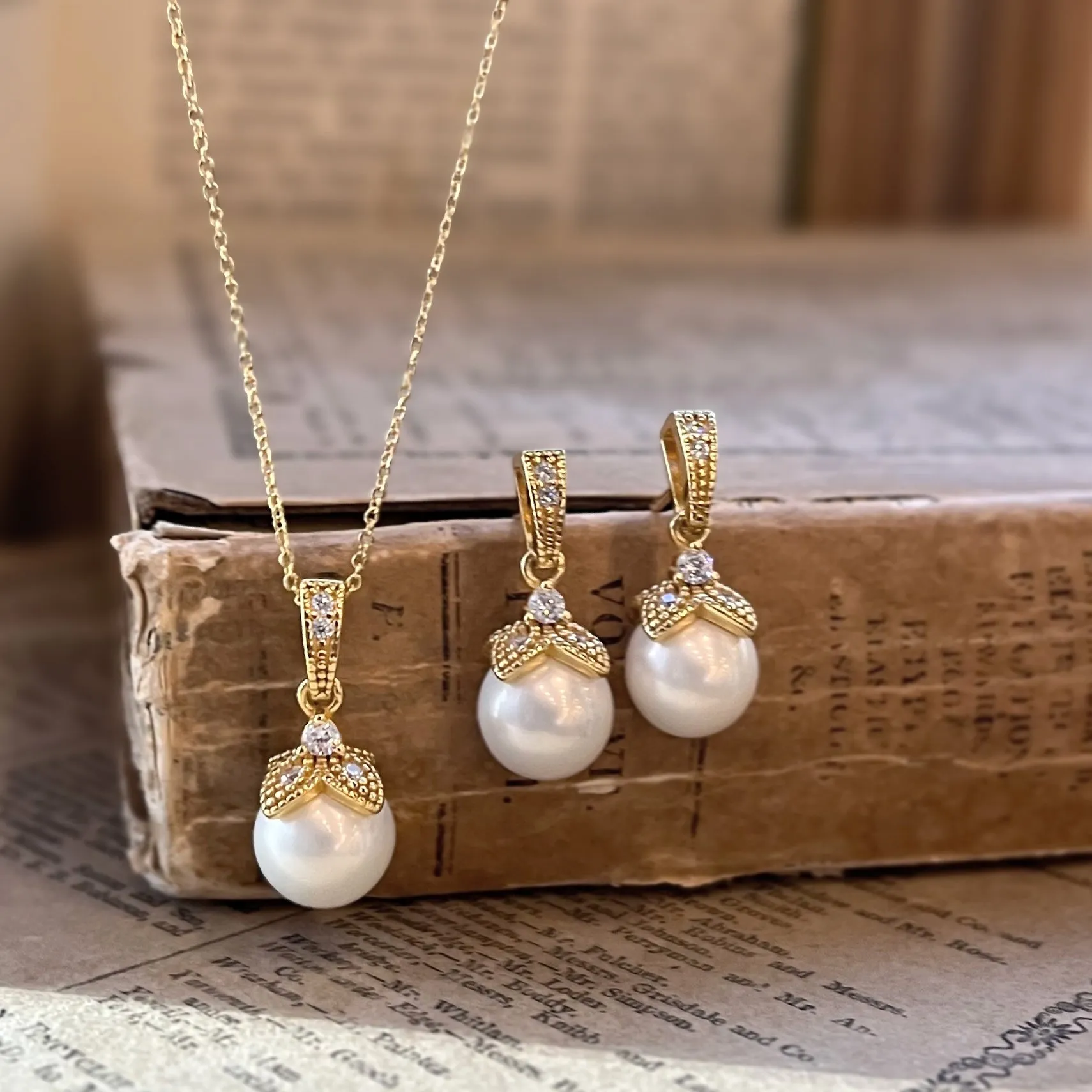 Ariel Wedding Jewellery Set, Gold Crystal Pearl Drop Pendant & Earrings