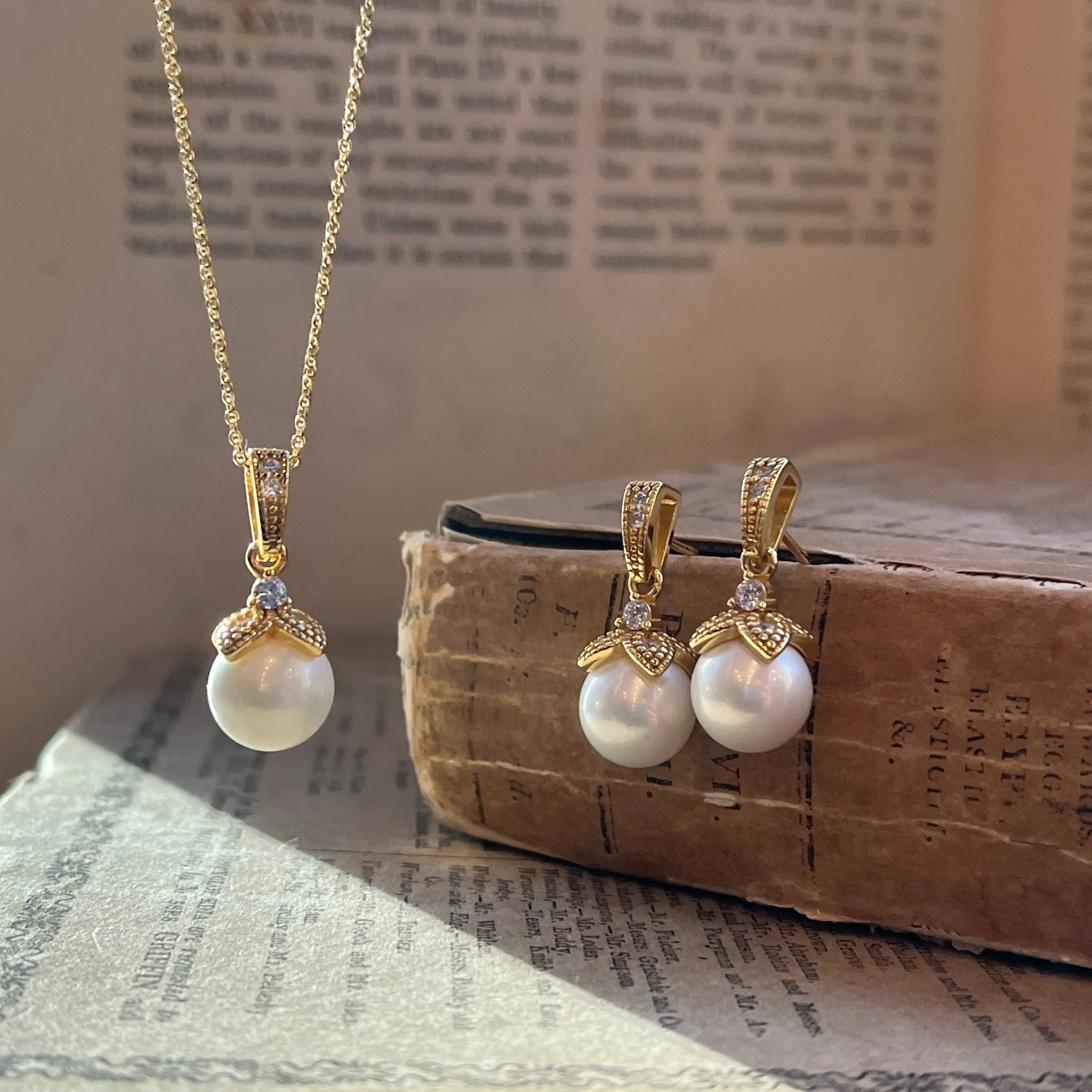 Ariel Wedding Jewellery Set, Gold Crystal Pearl Drop Pendant & Earrings