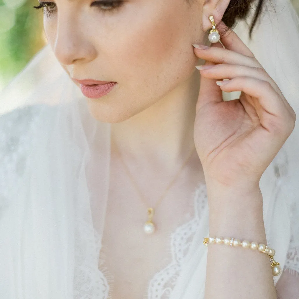 Ariel Wedding Jewellery Set, Gold Crystal Pearl Drop Pendant & Earrings