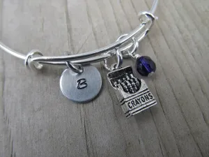 Crayon Box Charm Bracelet- Adjustable Bangle Bracelet with an Initial Charm and an Accent Bead of your choice