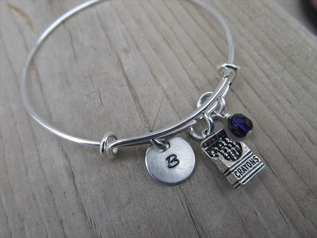 Crayon Box Charm Bracelet- Adjustable Bangle Bracelet with an Initial Charm and an Accent Bead of your choice