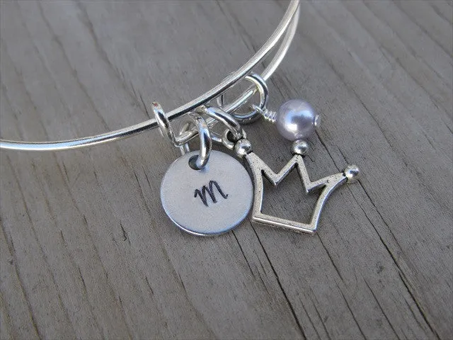 Crown Charm Bracelet- Adjustable Bangle Bracelet with an Initial Charm and an Accent Bead of your choice