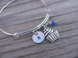 Cupcake Charm Bracelet -Adjustable Bangle Bracelet with an Initial Charm and an Accent Bead of your choice
