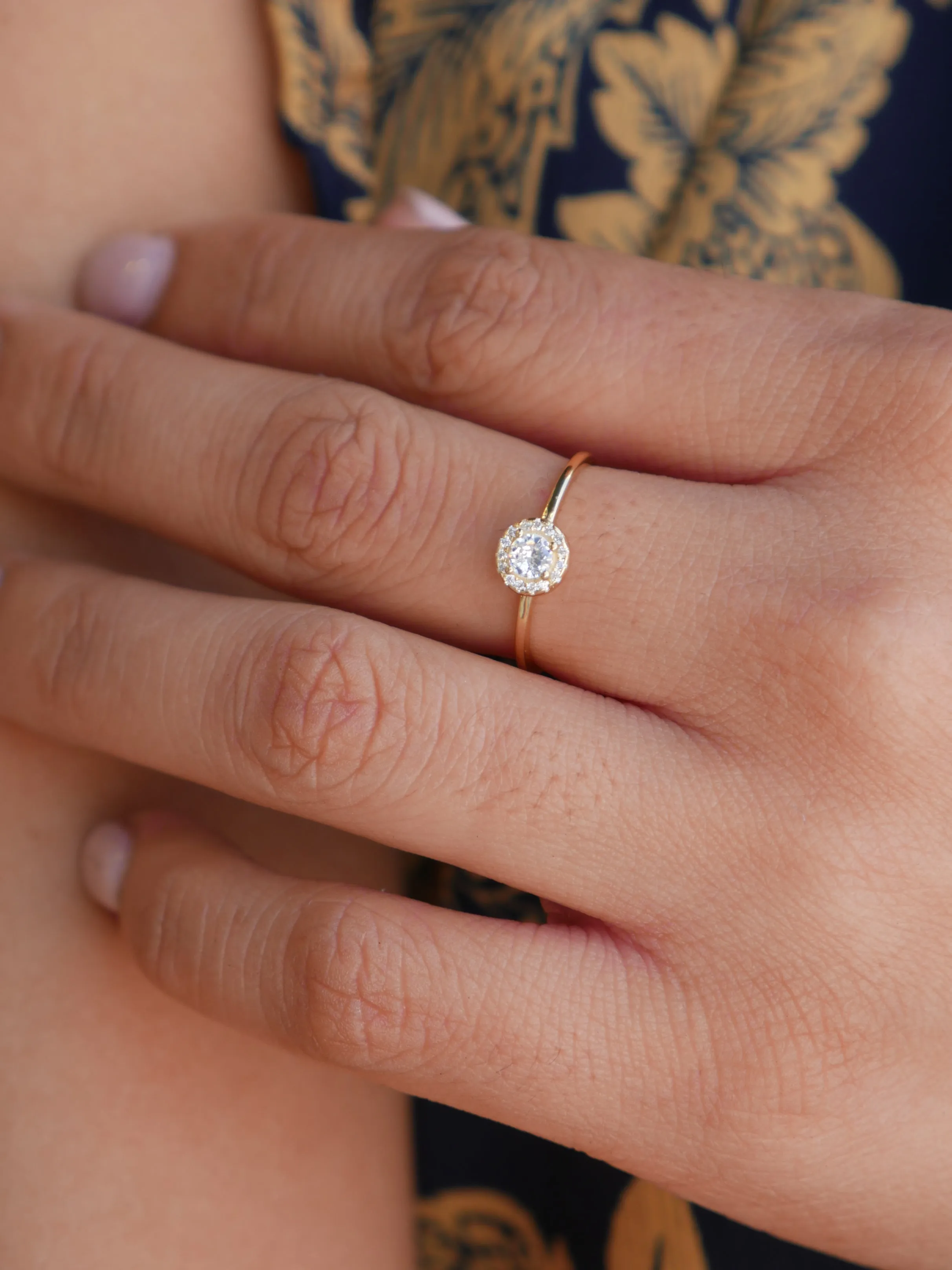Dainty Ring,14k Gold Plated .925 Sterling Silver Round Diamond CZ Halo Vacation Ring
