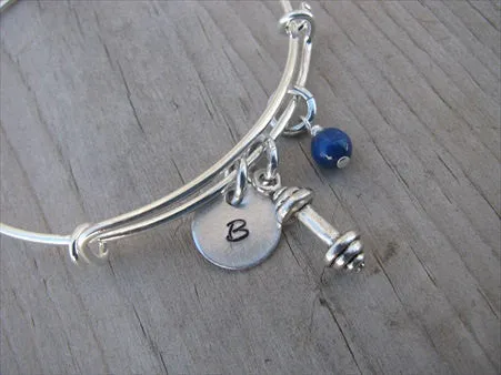 Exercise/Barbell Charm Bracelet- Adjustable Bangle Bracelet with Initial Charm and An Accent Bead of your choice