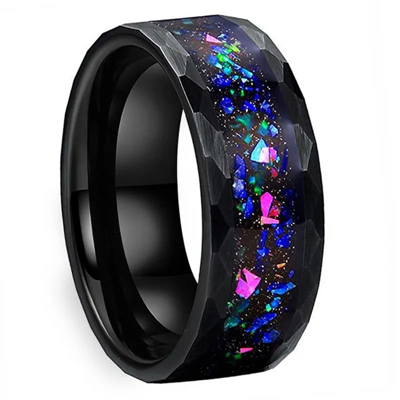 Hammered Tungsten & Galaxy Crushed Opal Ring (8mm)