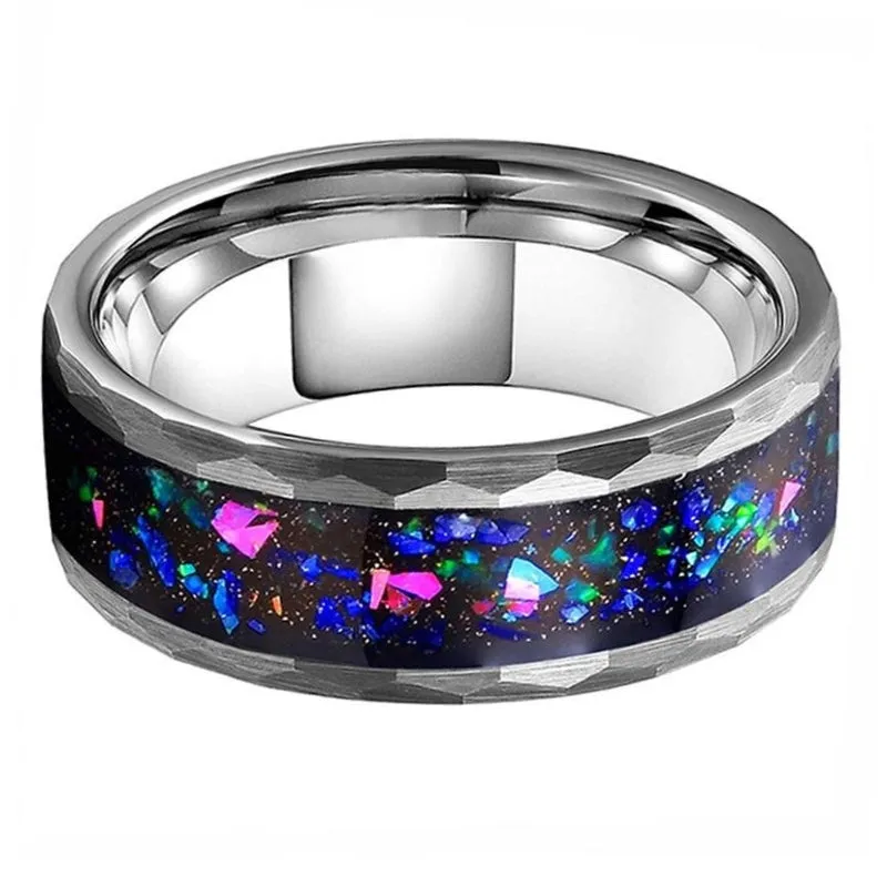 Hammered Tungsten & Galaxy Crushed Opal Ring (8mm)