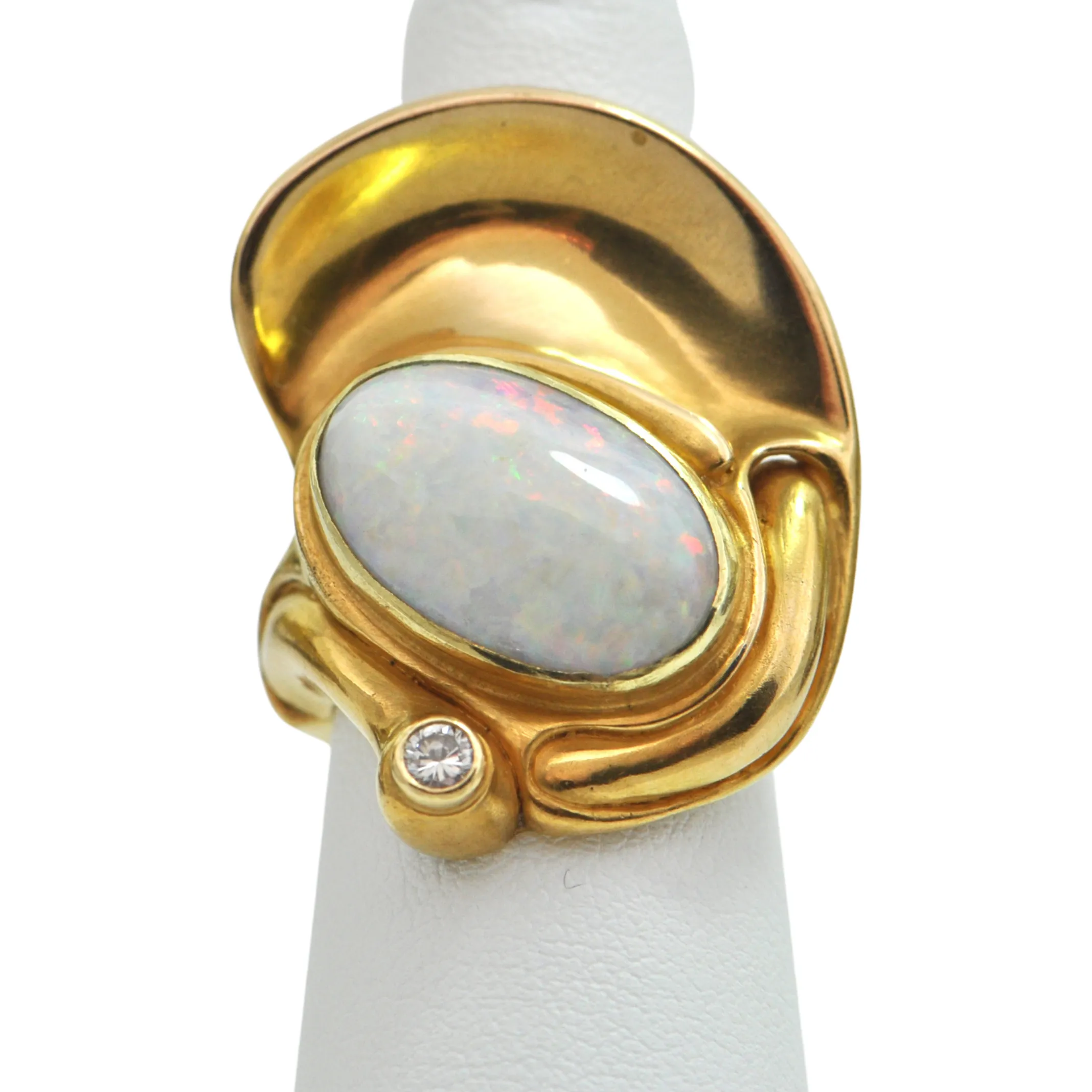 Modernist 'Demaret' White Fire Opal and Diamond 18K Yellow Gold Ring