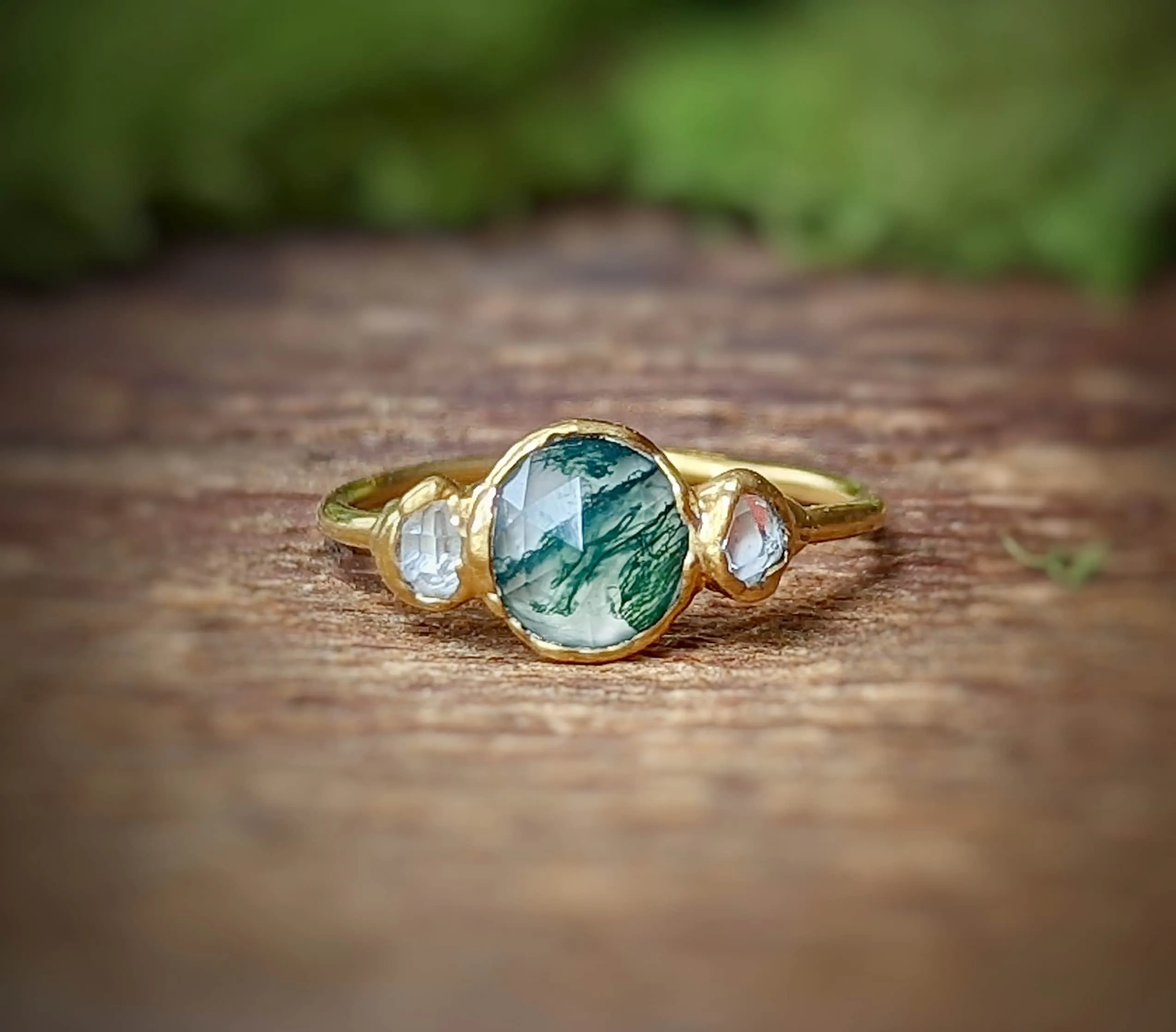 Moss Agate & Herkimer diamond engagement ring
