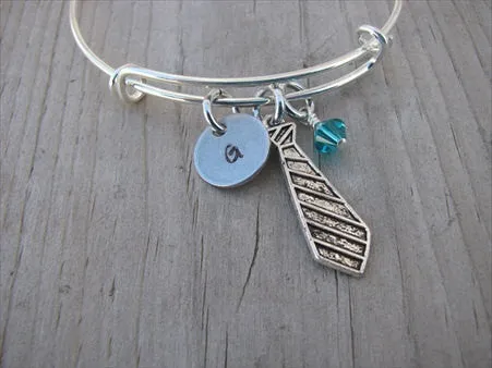 Necktie Charm Bracelet- Adjustable Bangle Bracelet with an Initial Charm and an Accent Bead in your choice of colors