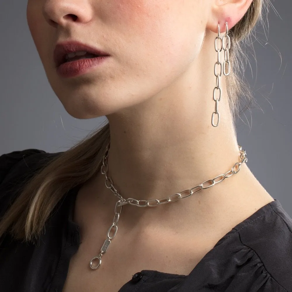 Oval Chain Choker with T-Bar Clasp - Silver