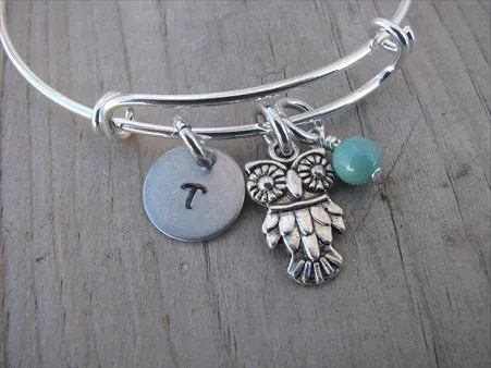 Owl Charm Bracelet- Adjustable Bangle Bracelet with an Initial Charm and an Accent Bead of your choice