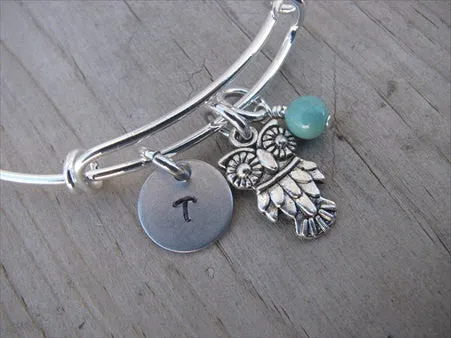 Owl Charm Bracelet- Adjustable Bangle Bracelet with an Initial Charm and an Accent Bead of your choice