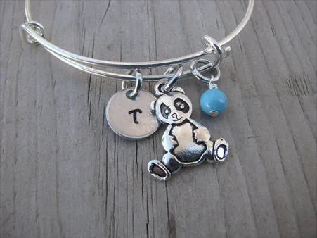 Panda Charm Bracelet- Adjustable Bangle Bracelet with an Initial Charm and an Accent Bead of your choice