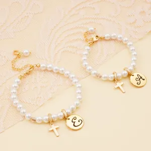 Personalized Initial Mom and Daughter Pearl Bracelet Set
