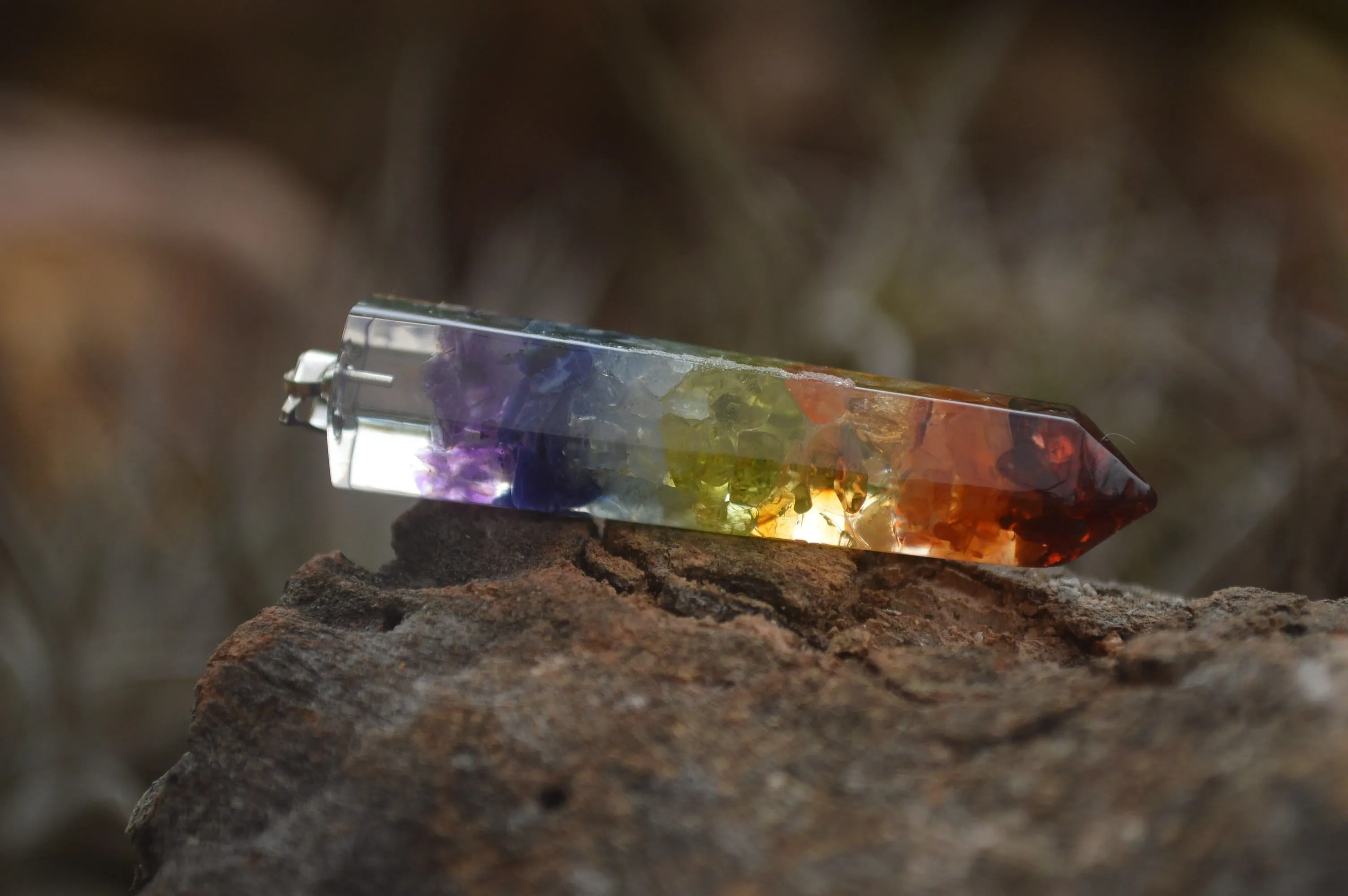 Polished Packaged Hand Crafted Full Chakra Resin Pendant with Stone Chips - sold per piece - From Bulwer, South Africa