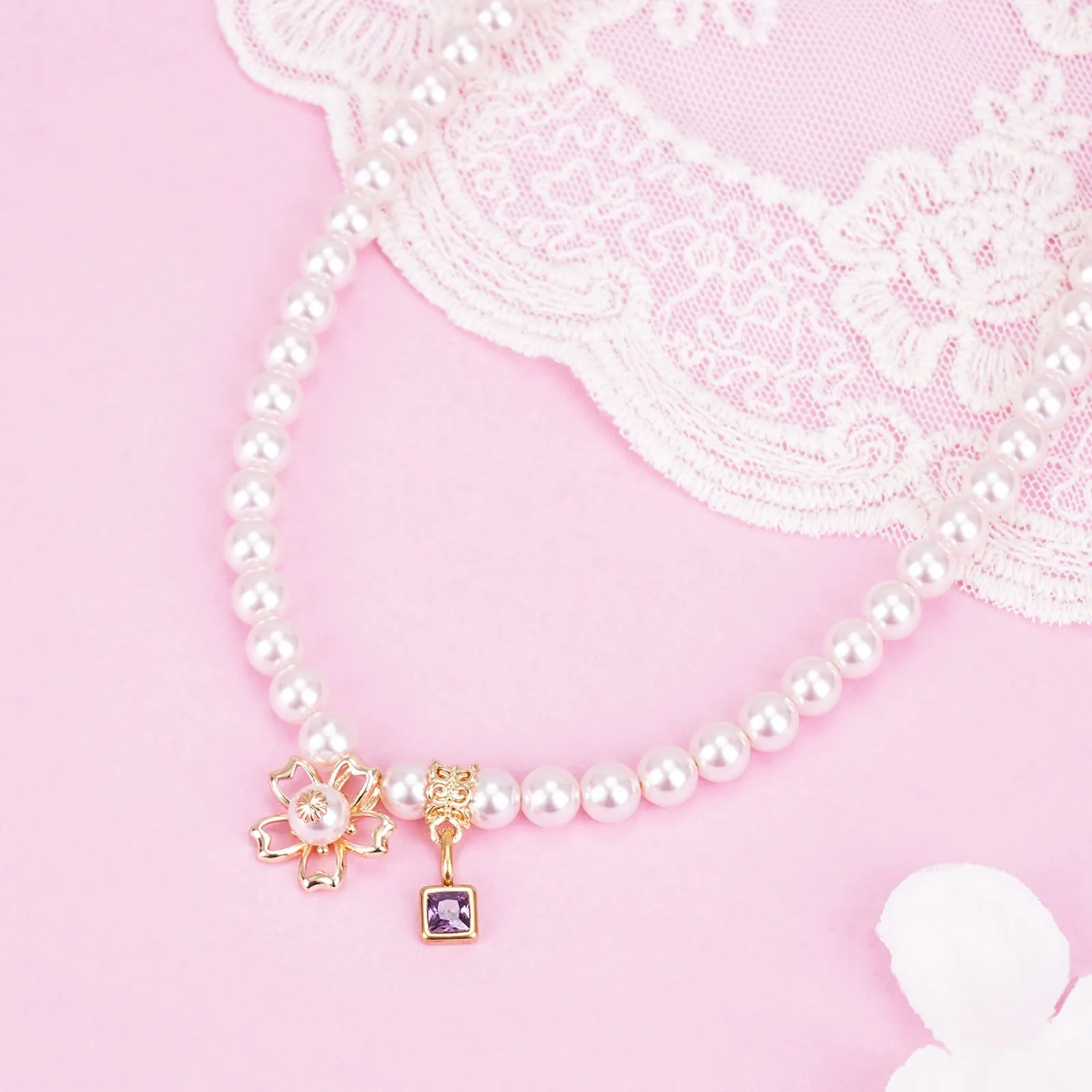 Sakura Charms Personalized Birthstone Girl's Pink Pearl Necklace