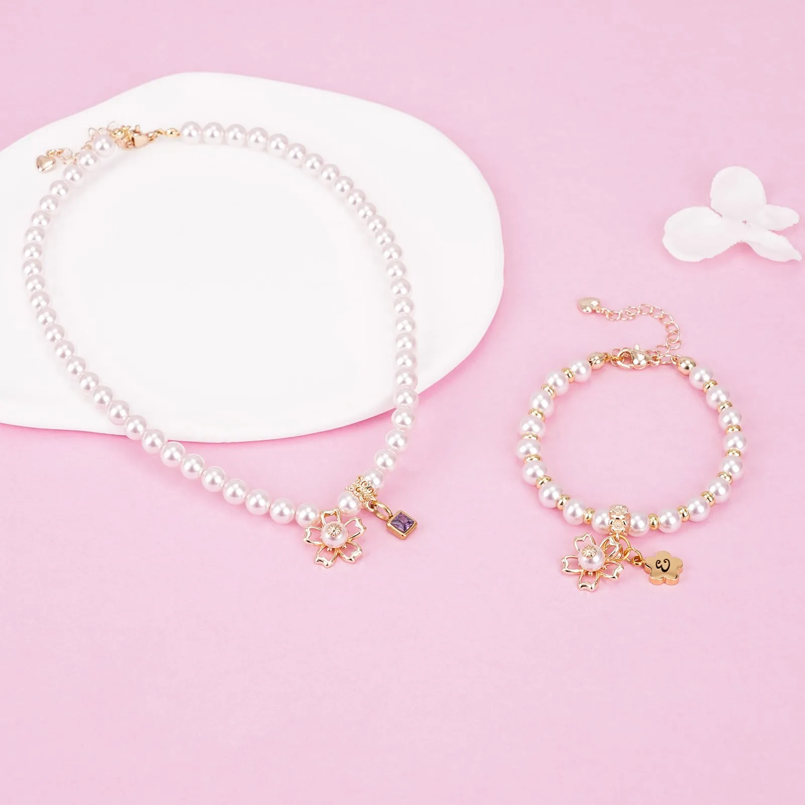 Sakura Charms Personalized Birthstone Girl's Pink Pearl Necklace