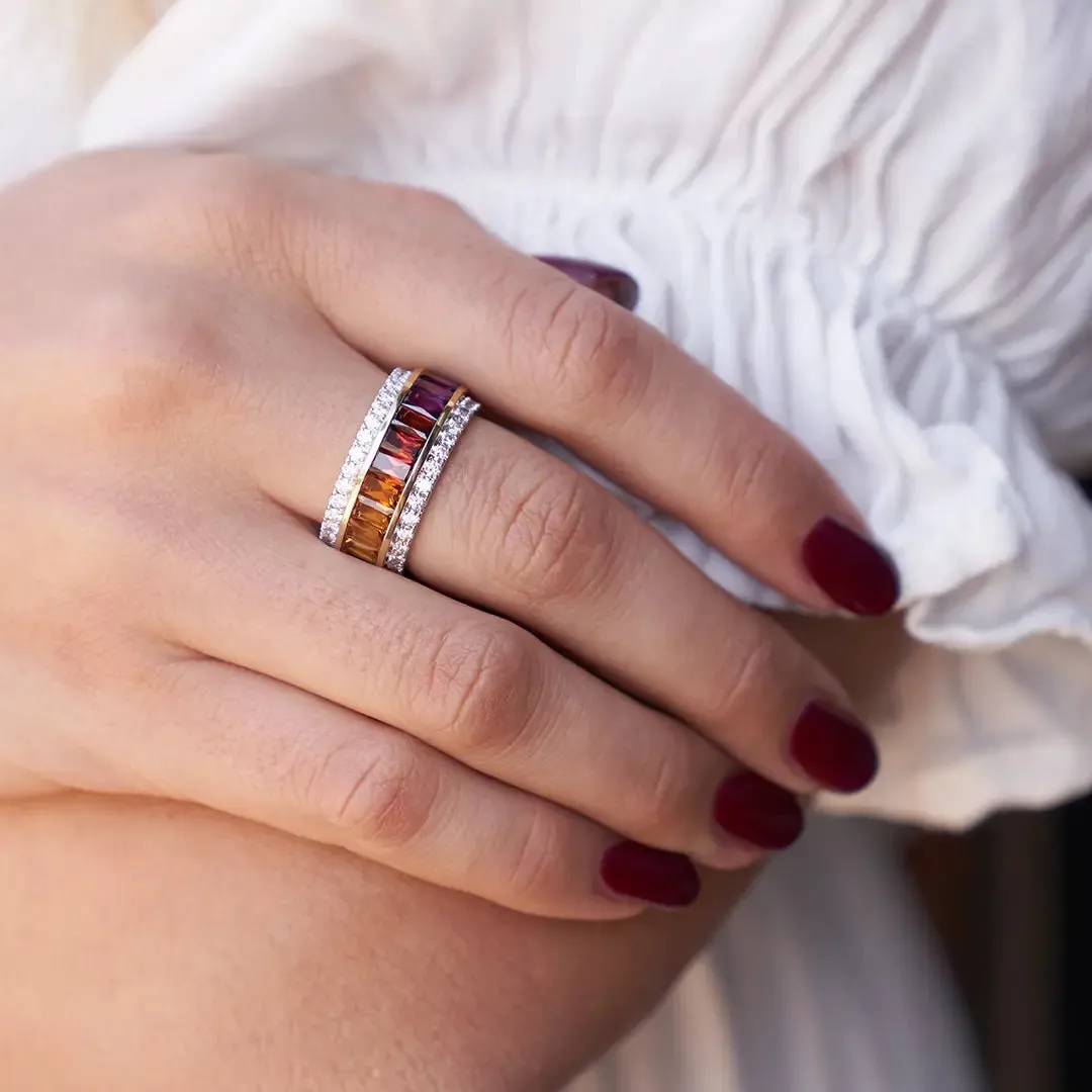 Step Cut Mixed Gemstone Wide Rainbow & Diamond Accented Ring