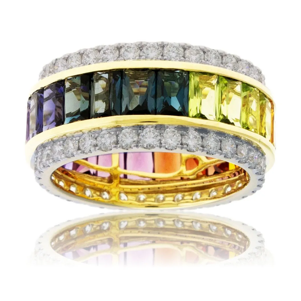 Step Cut Mixed Gemstone Wide Rainbow & Diamond Accented Ring