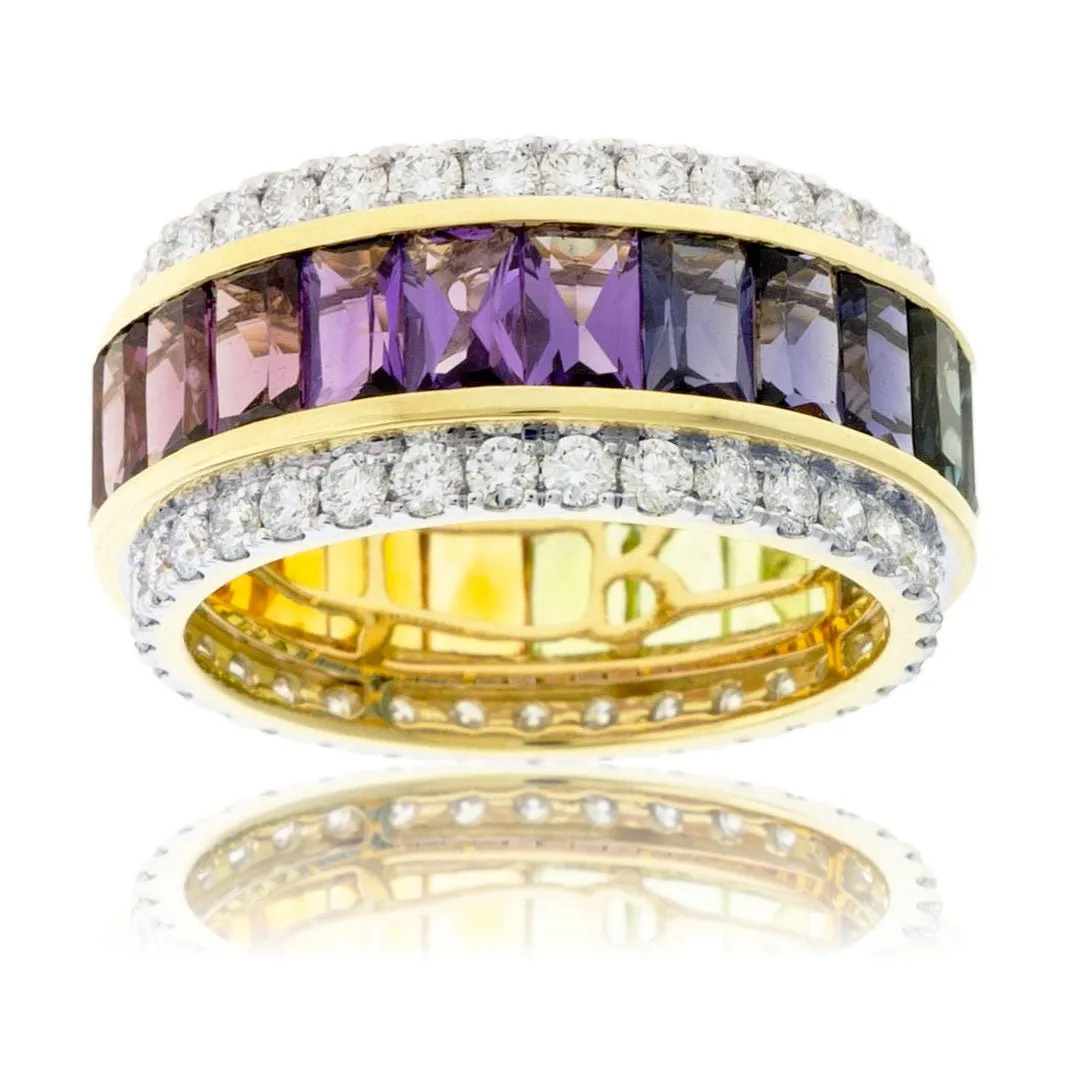 Step Cut Mixed Gemstone Wide Rainbow & Diamond Accented Ring