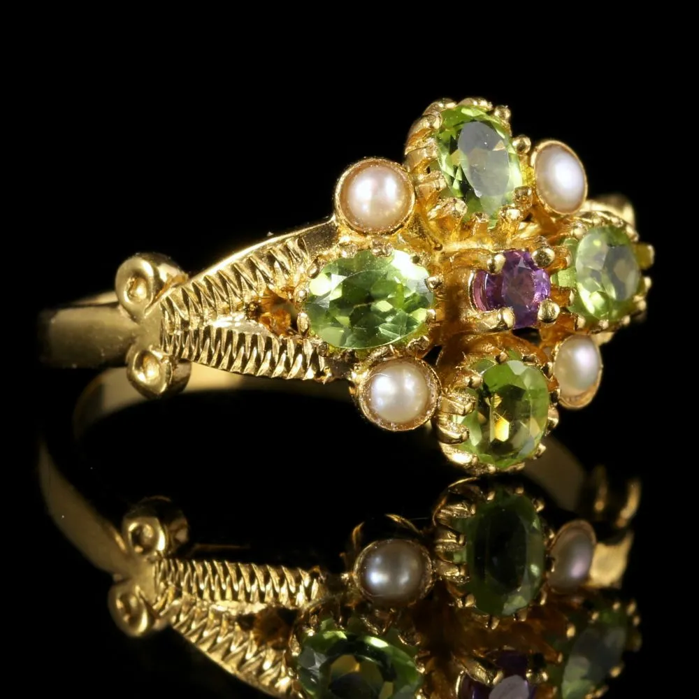 Suffragette Cluster Gold Ring Amethyst Peridot Pearl 18Ct Gold Silver