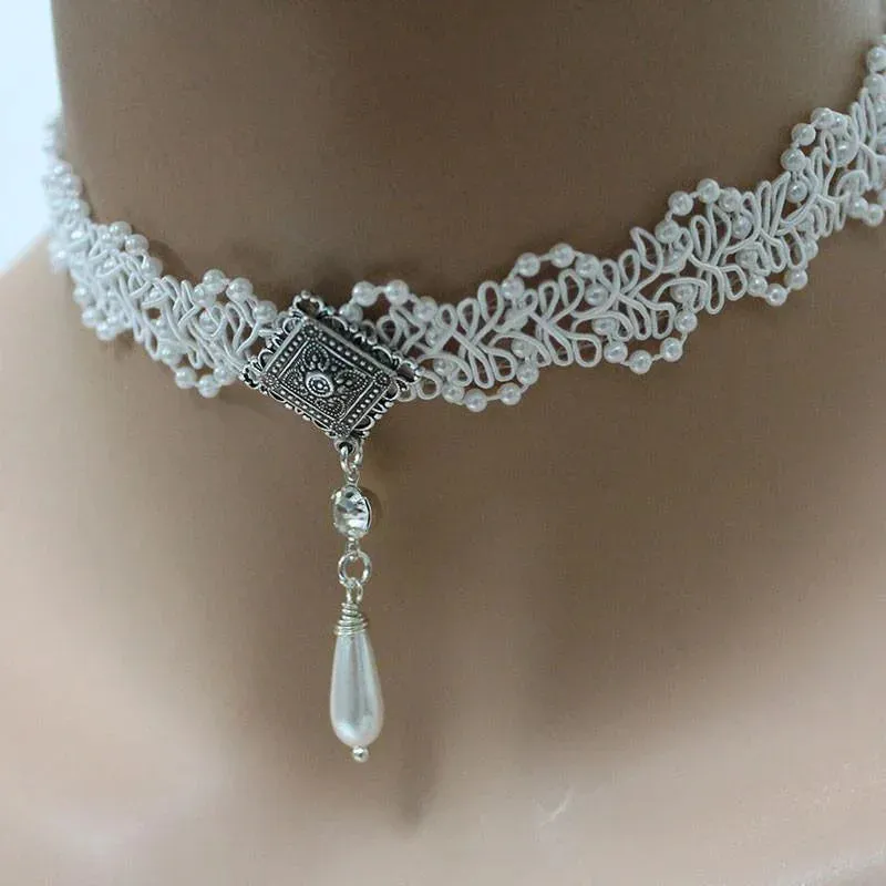 Victorian Pearl Lace Bridal Choker Necklace