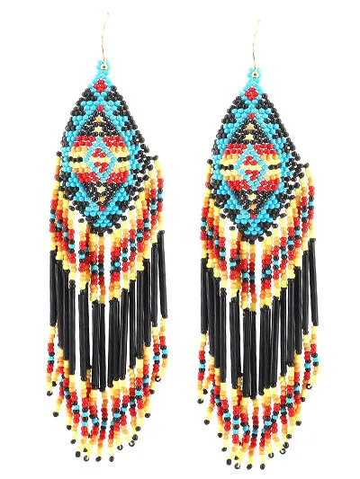Western Blue Bead Seed Geometric Earrings, Gift for Her