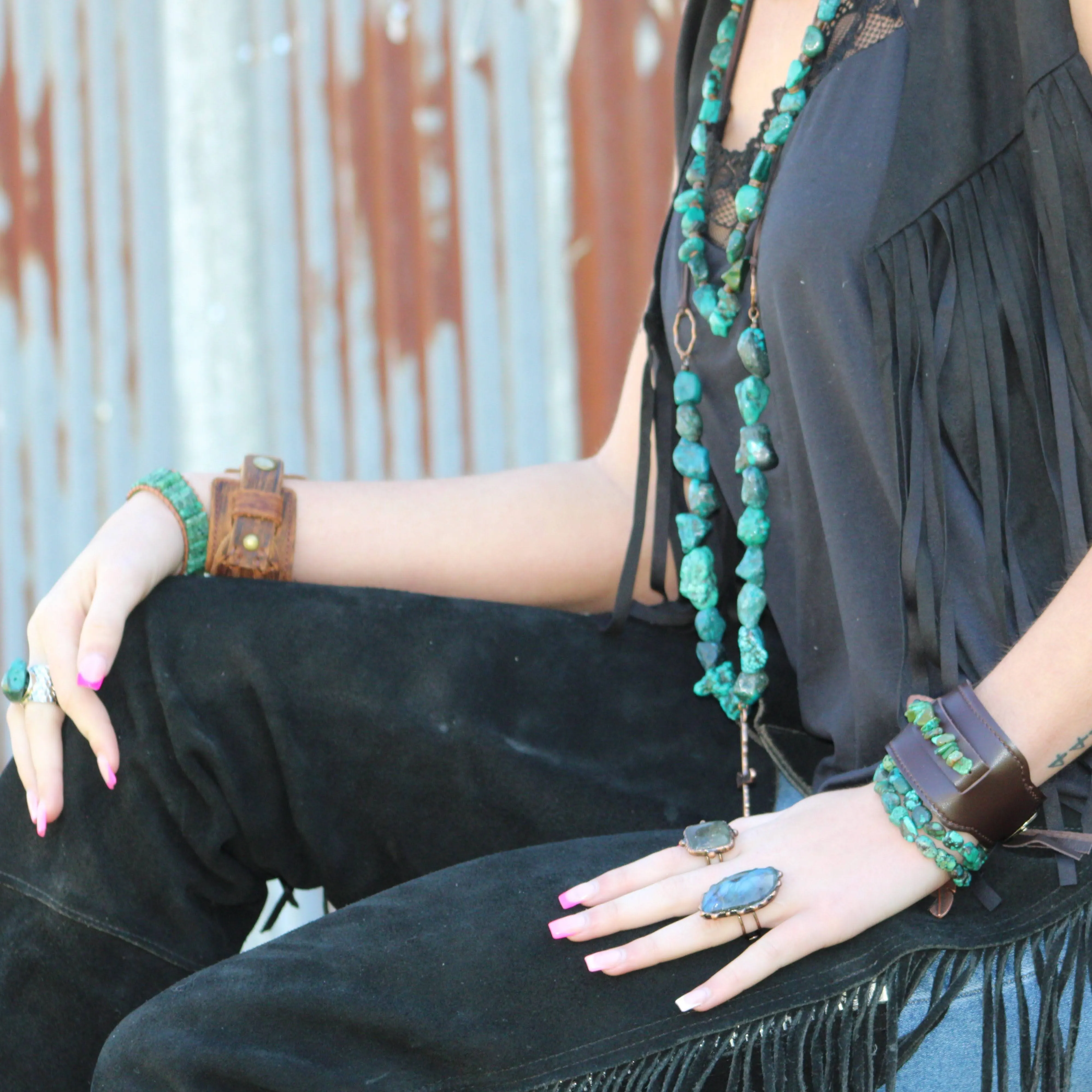 Wide Dark Leather Cuff with Natural Turquoise Chunks 011y