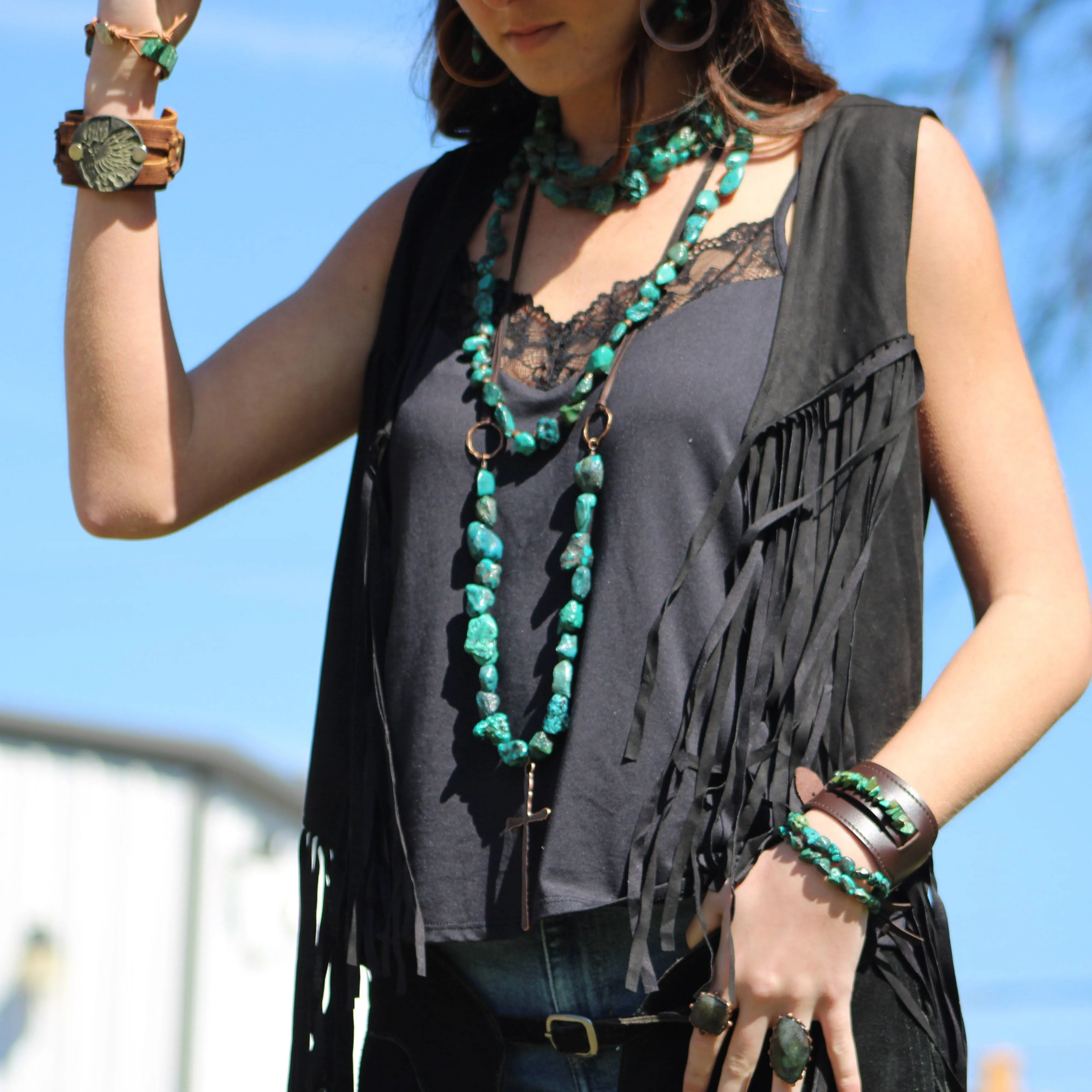 Wide Dark Leather Cuff with Natural Turquoise Chunks 011y